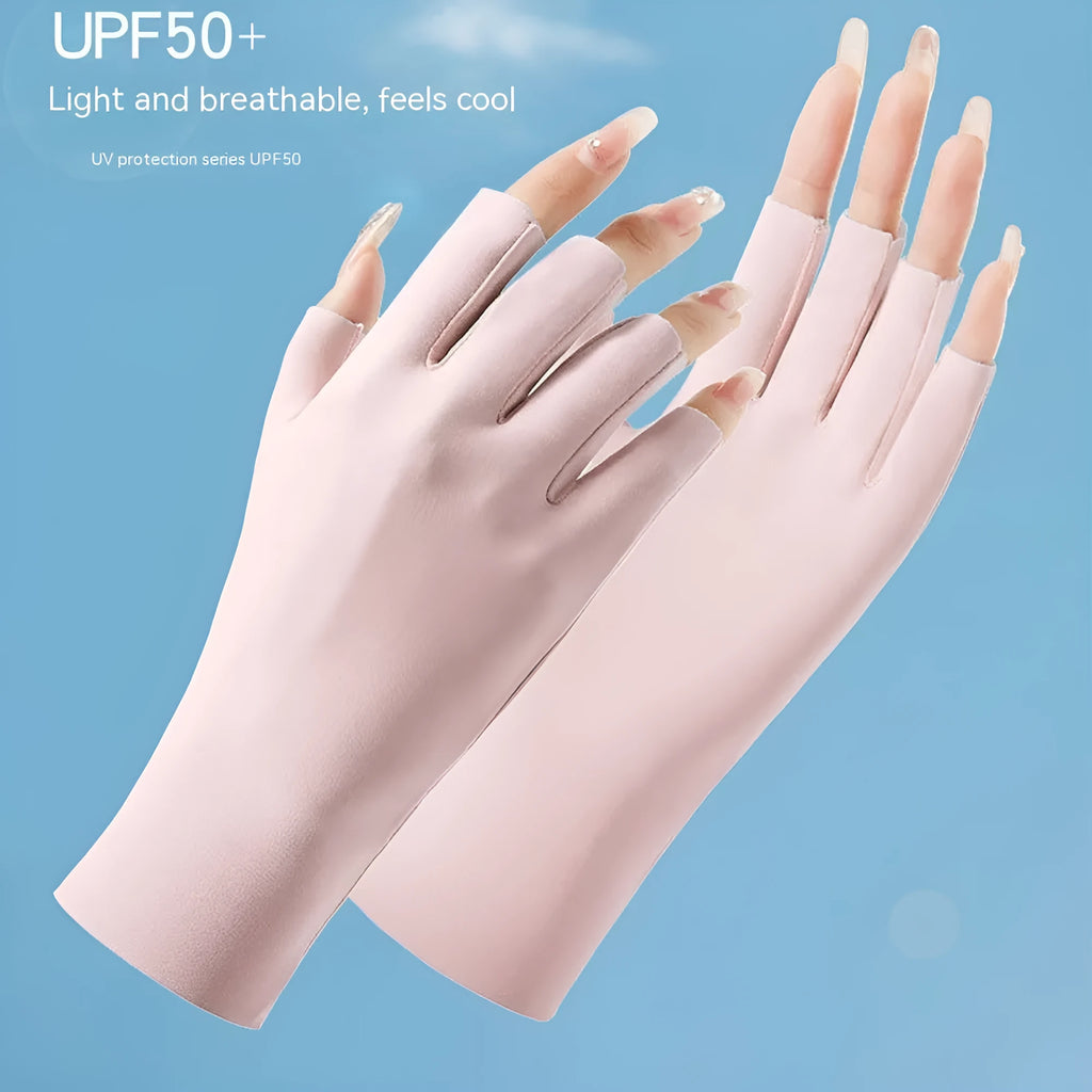 Women's thin ice silk sunscreen gloves showing UPF50+ protection and cooling fabric