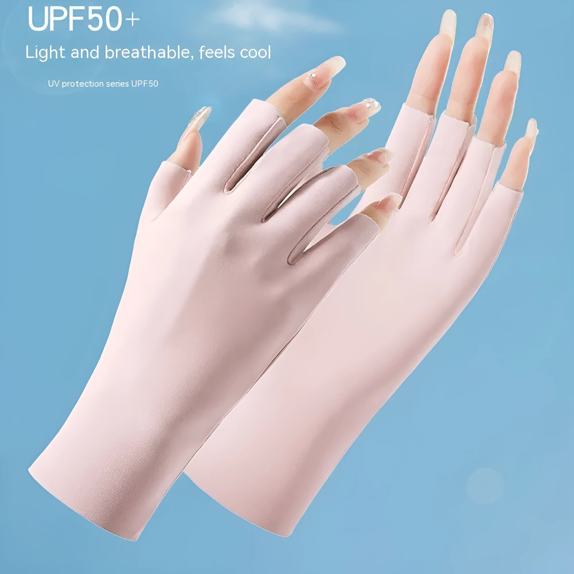 Women's thin ice silk sunscreen gloves showing UPF50+ protection and cooling fabric