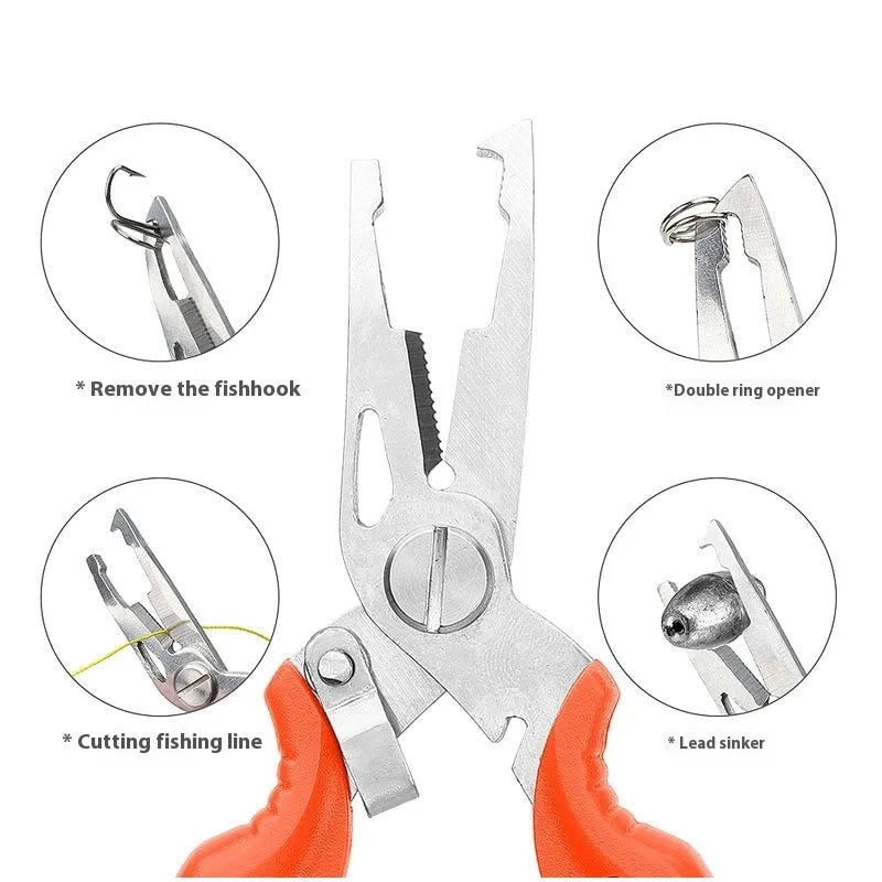 Stainless steel curved mouth lure cable cutters in black with split ring opener function
