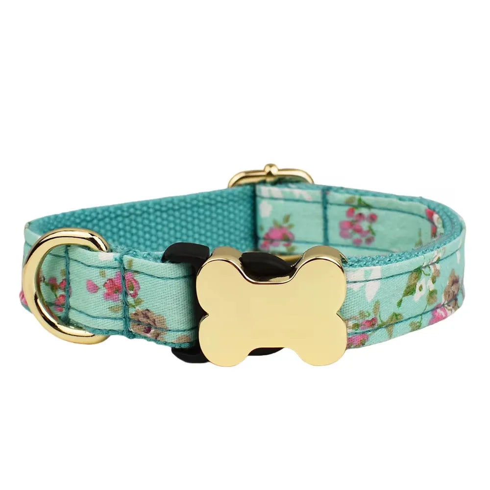 Flat fabric printed grid dog collar with bone buckle in multiple colours