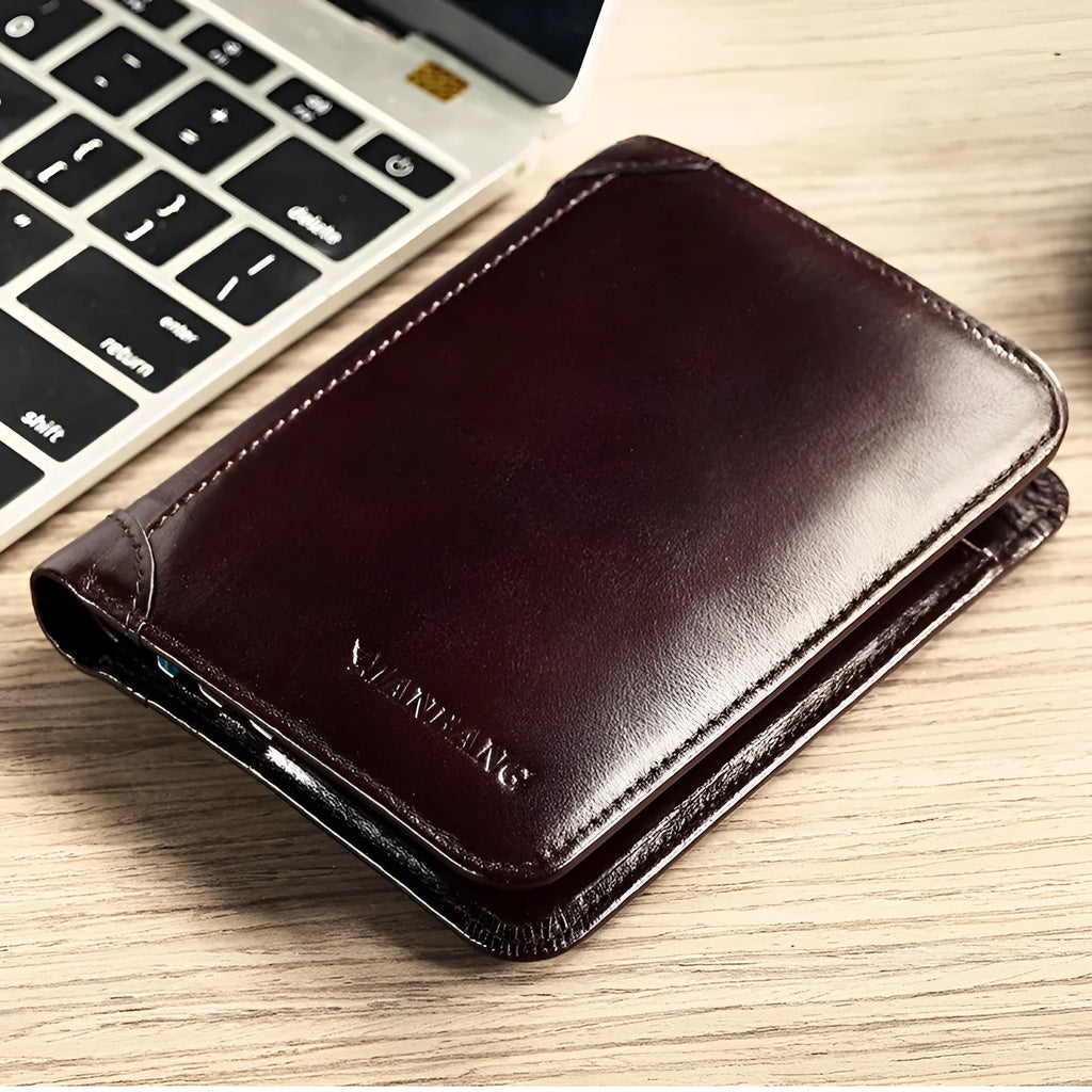 Men's leather wallet open to show internal card slots, cash section, coin pocket, and document holder.