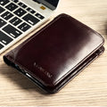 Men's leather wallet open to show internal card slots, cash section, coin pocket, and document holder.