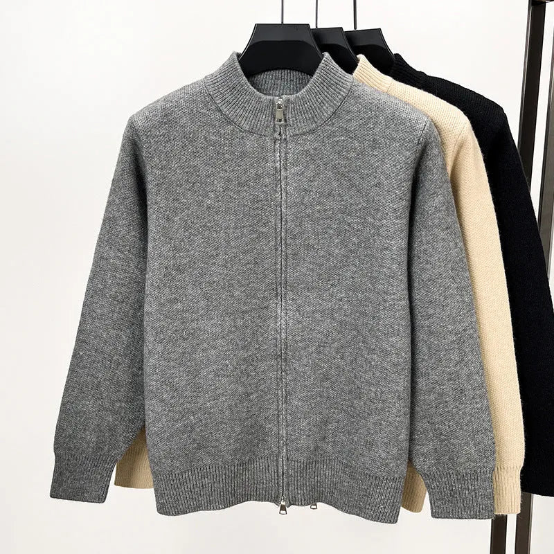 Men's stand collar knitted cardigan with full-length zipper in black, grey and beige colours