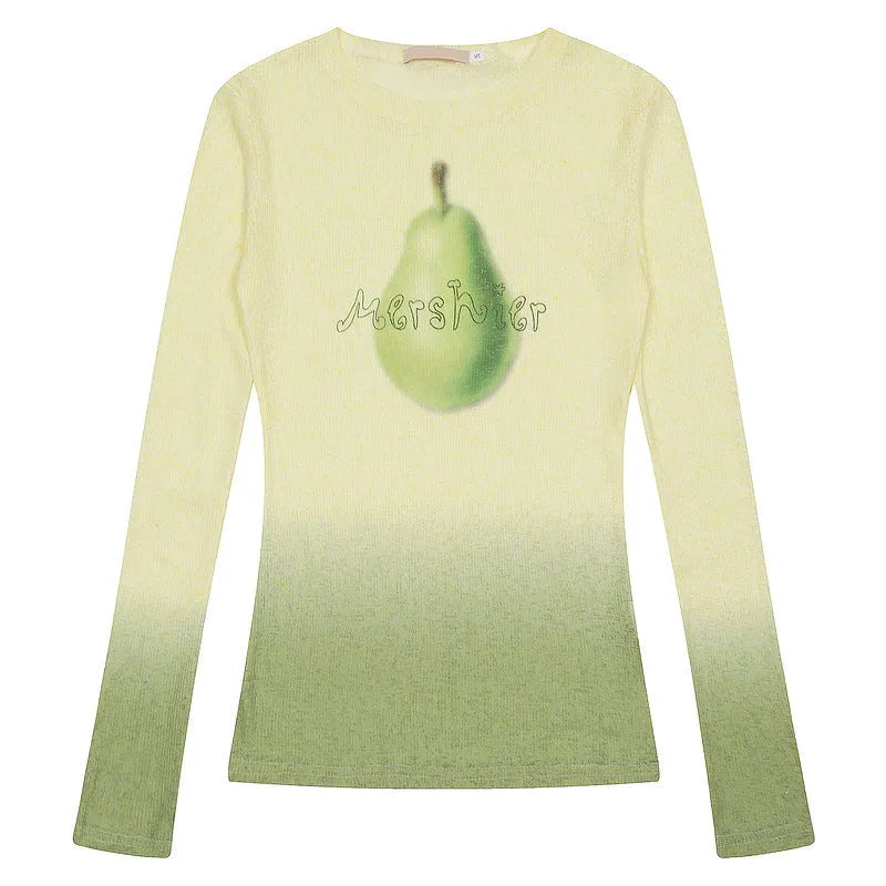 Gradient flower pattern women's long-sleeved T-shirt in thin polyester fabric