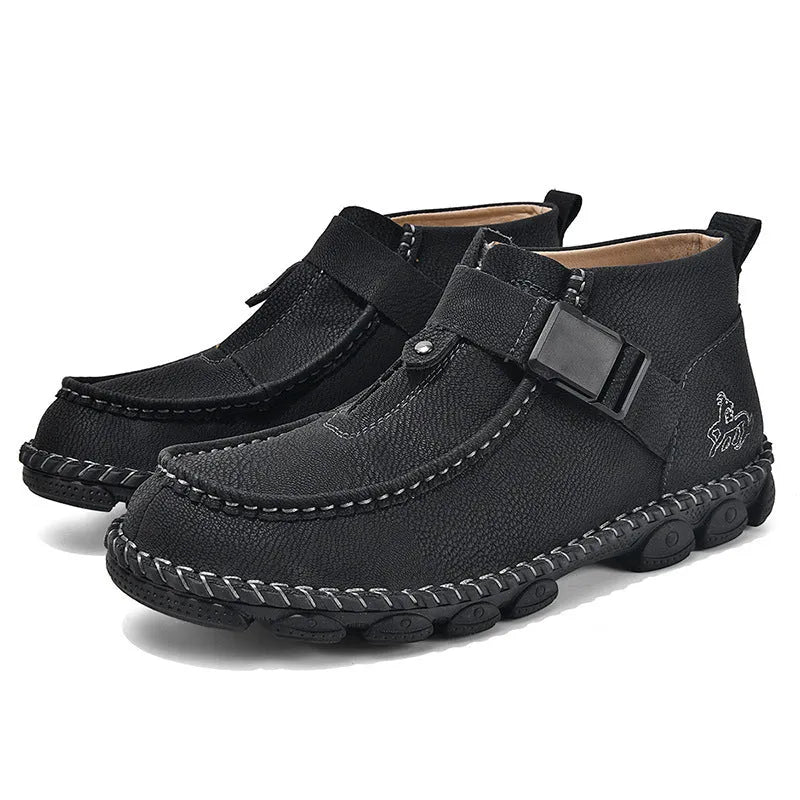 Handmade stitching casual flat bottom slip on lazy shoes in PU leather available in black, brown, green colours