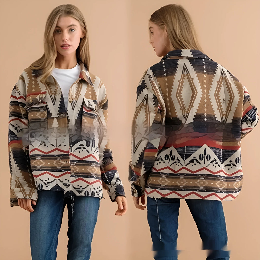 Women's loose retro style woolen coat with Aztec print design in three colour options