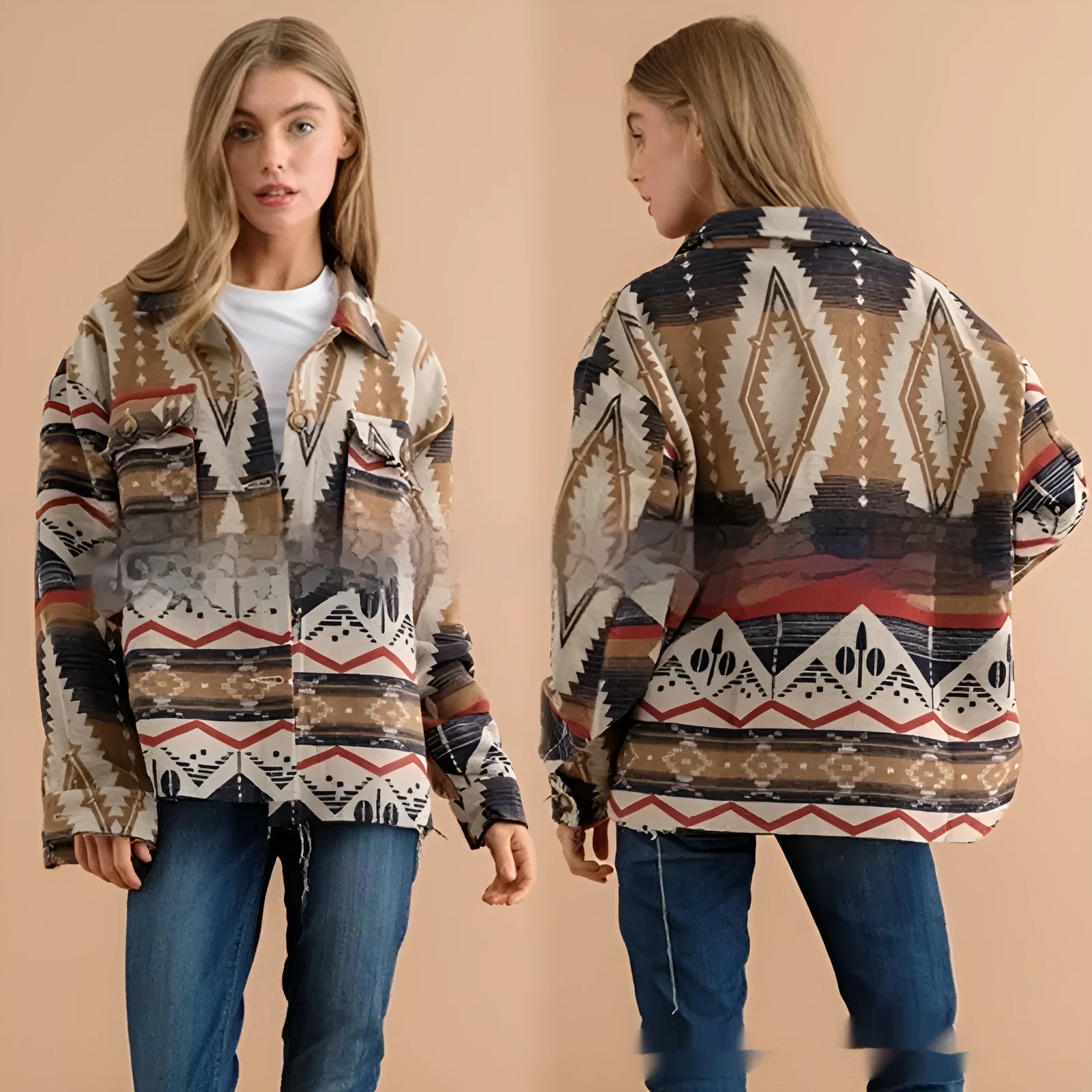 Women's loose retro style woolen coat with Aztec print design in three colour options