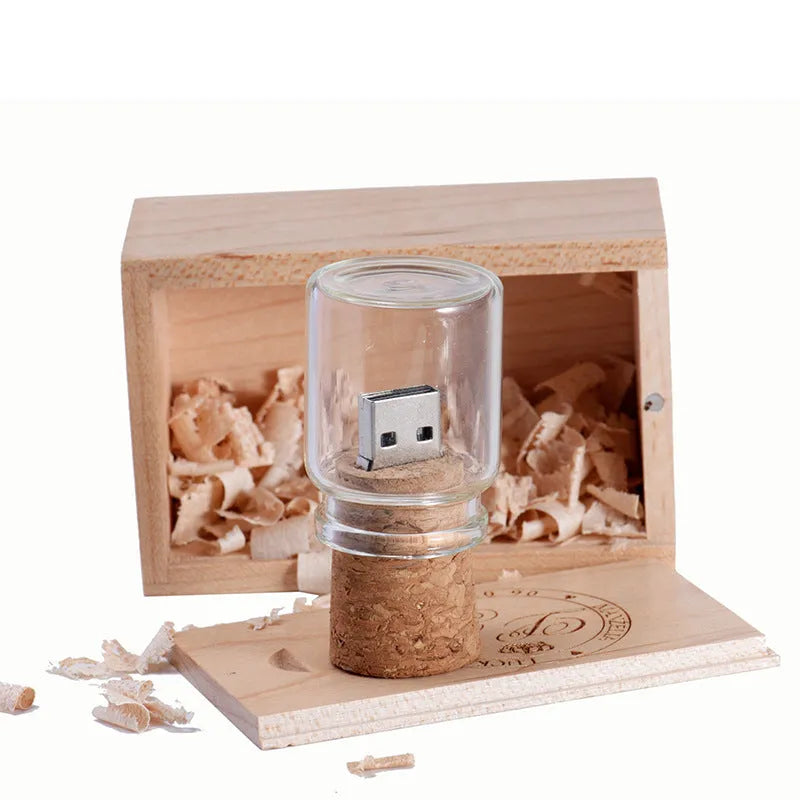 Chocolate brown wooden USB flash drive in a drift bottle shape with space for custom graphics.