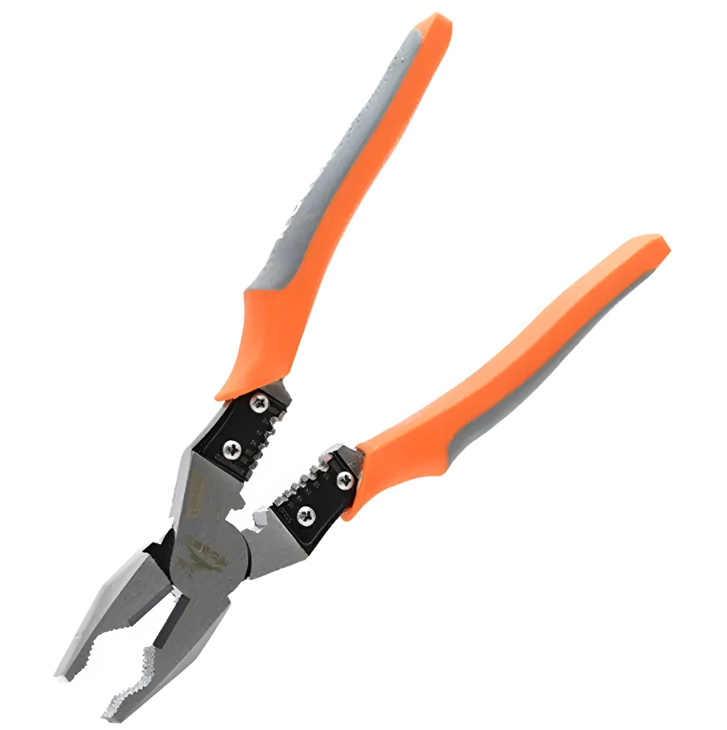 Orange-handled 9-inch multi-function wire cutter pliers with chrome steel jaws on a workbench.