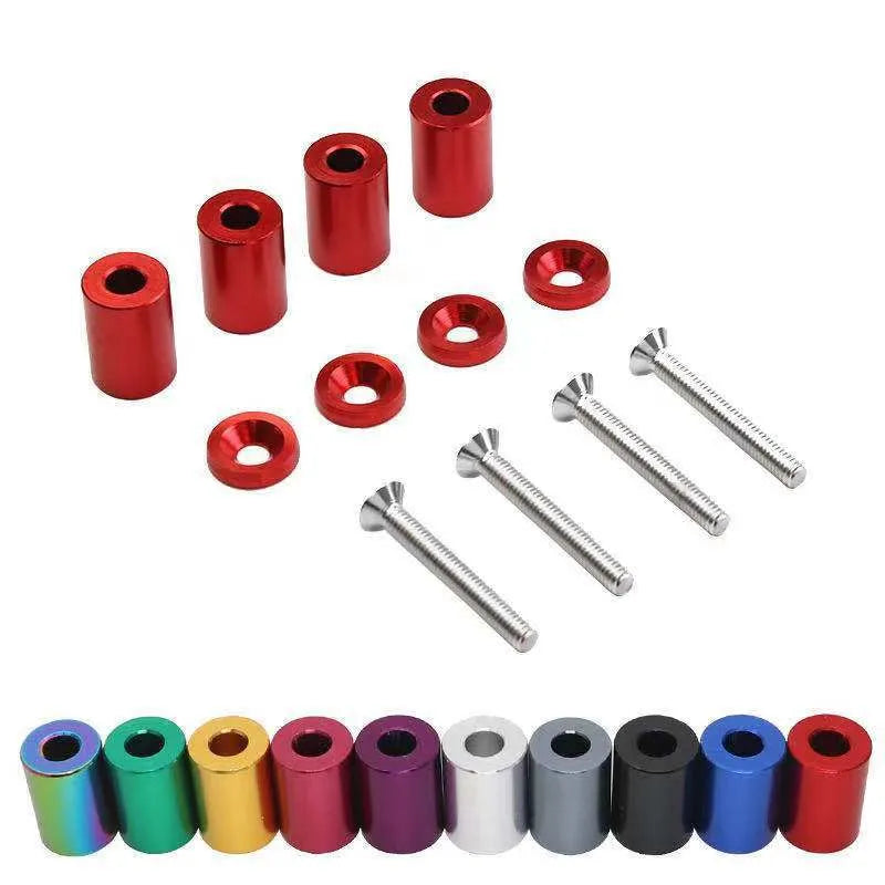 Aluminium alloy engine cover spacer kit with screws, nuts, washers in red, blue, black colours for 6mm 8mm car apertures.