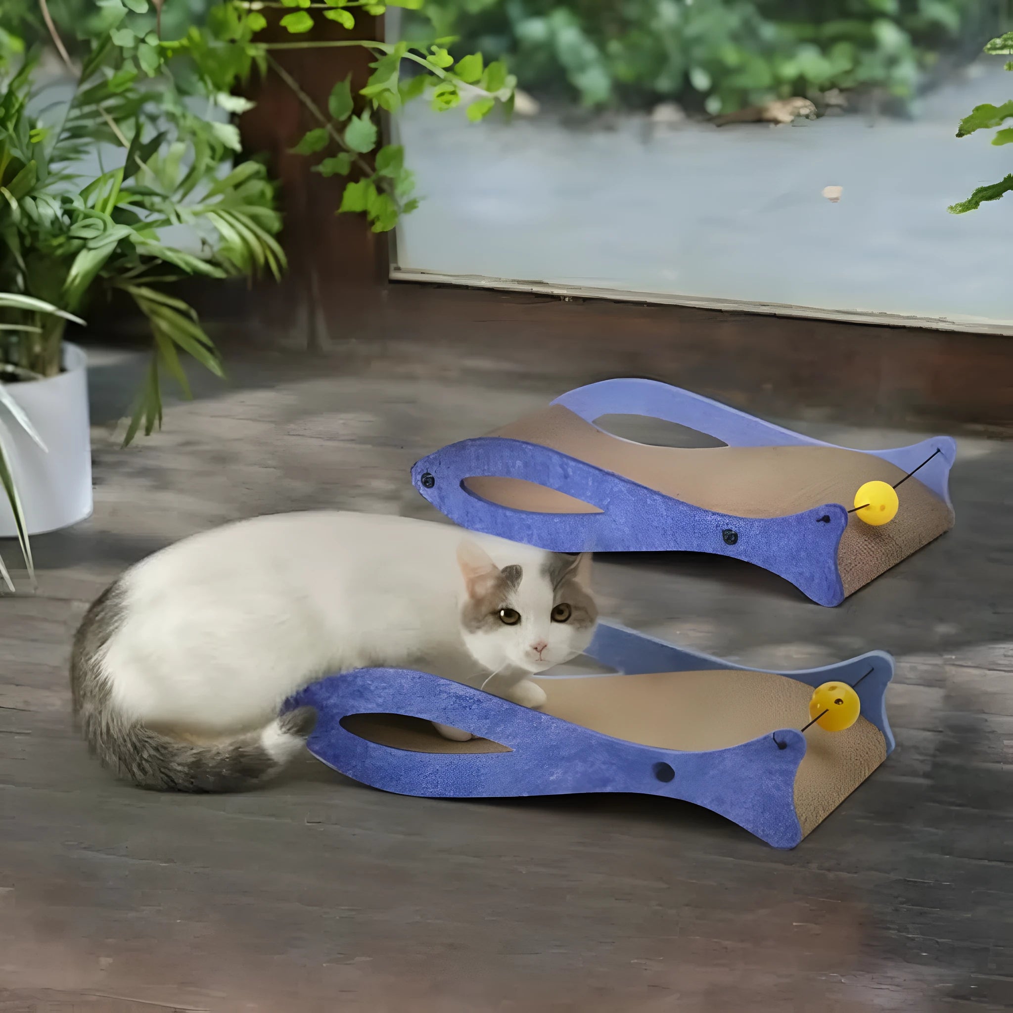 Blue fish-shaped cat scratcher lounge with corrugated cardboard surface and a hanging bell ball toy.