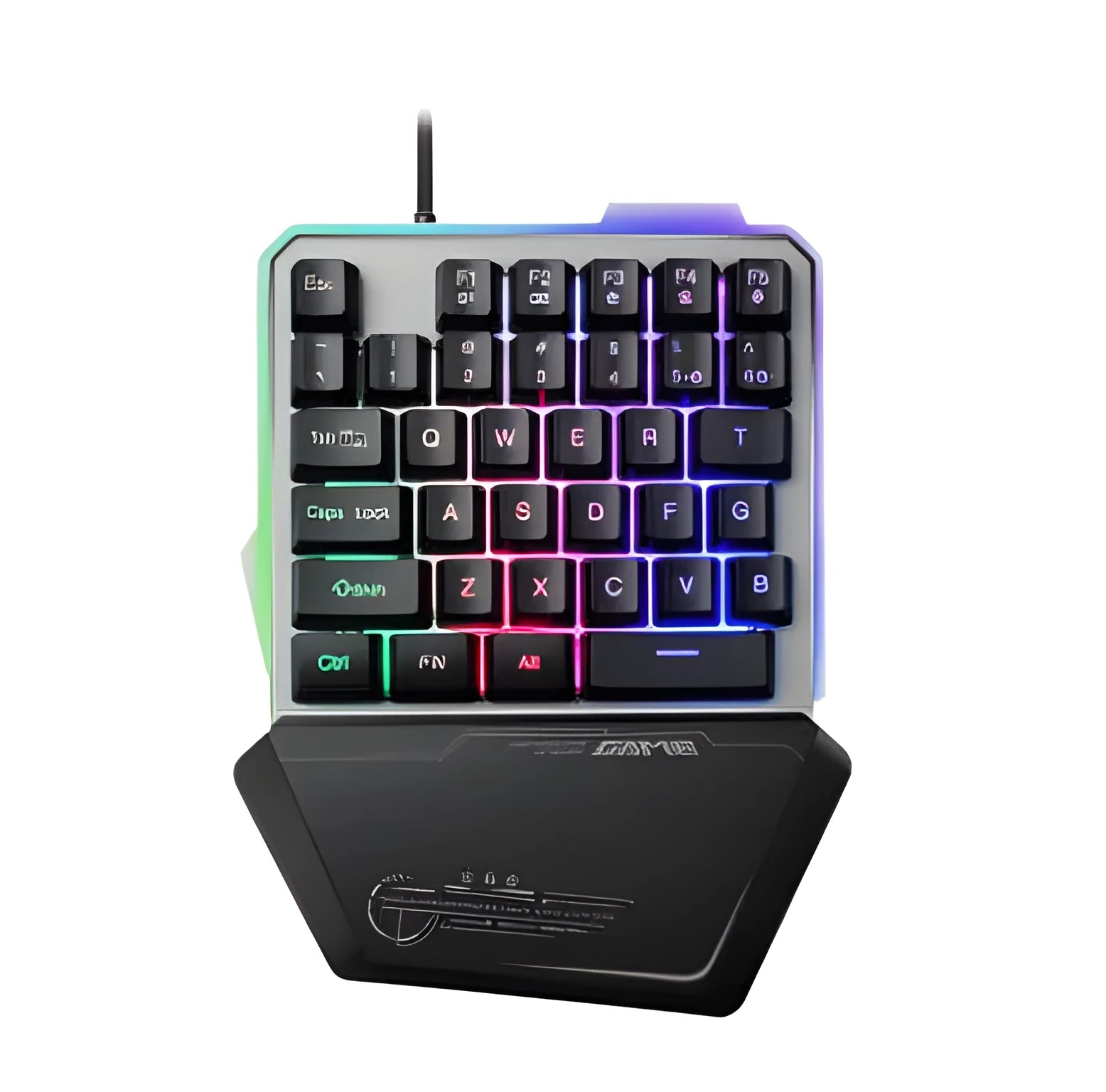 Black one-handed robotic gaming keyboard with RGB backlit keys on a desk.