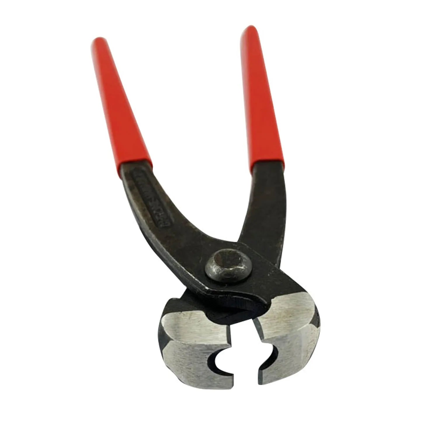 Red cloth single-ear PEX clamp made of metal with a carbon steel cutting edge.