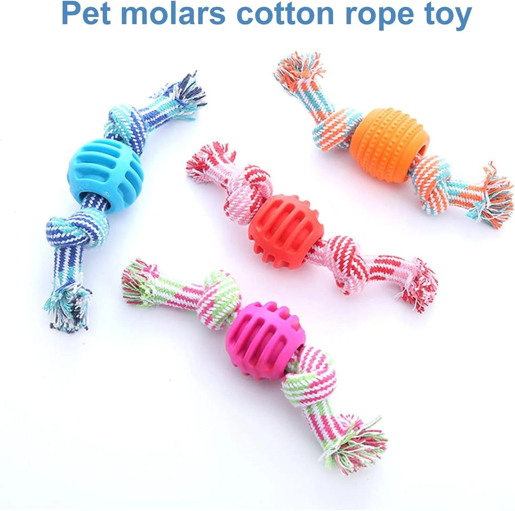 Set of four colourful soft dog chew toys with molar shapes and rope ends on a white background.