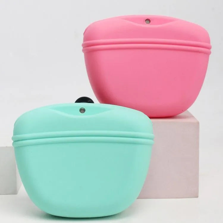 A silicone dog training treat bag with a belt clip, shown in one of six colour options.
