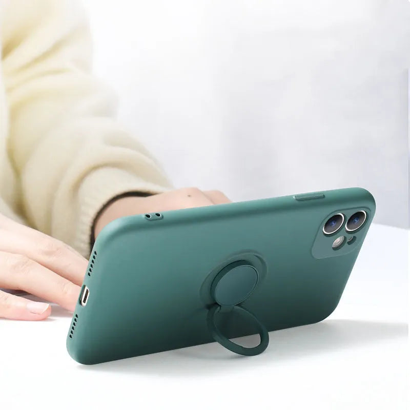 Liquid silicone iPhone case with a built-in ring bracket, shown in one of eight colour options.