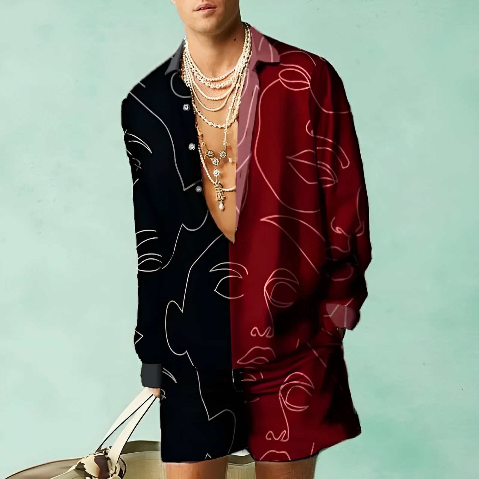 Men's casual summer shirt and shorts set in slim fit design with colour matching pattern