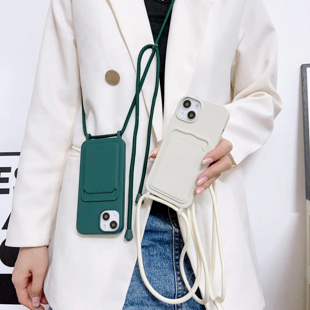 Cross body lanyard TPU phone case with card holder for Apple iPhone models, available in antique white, gray, and light pink