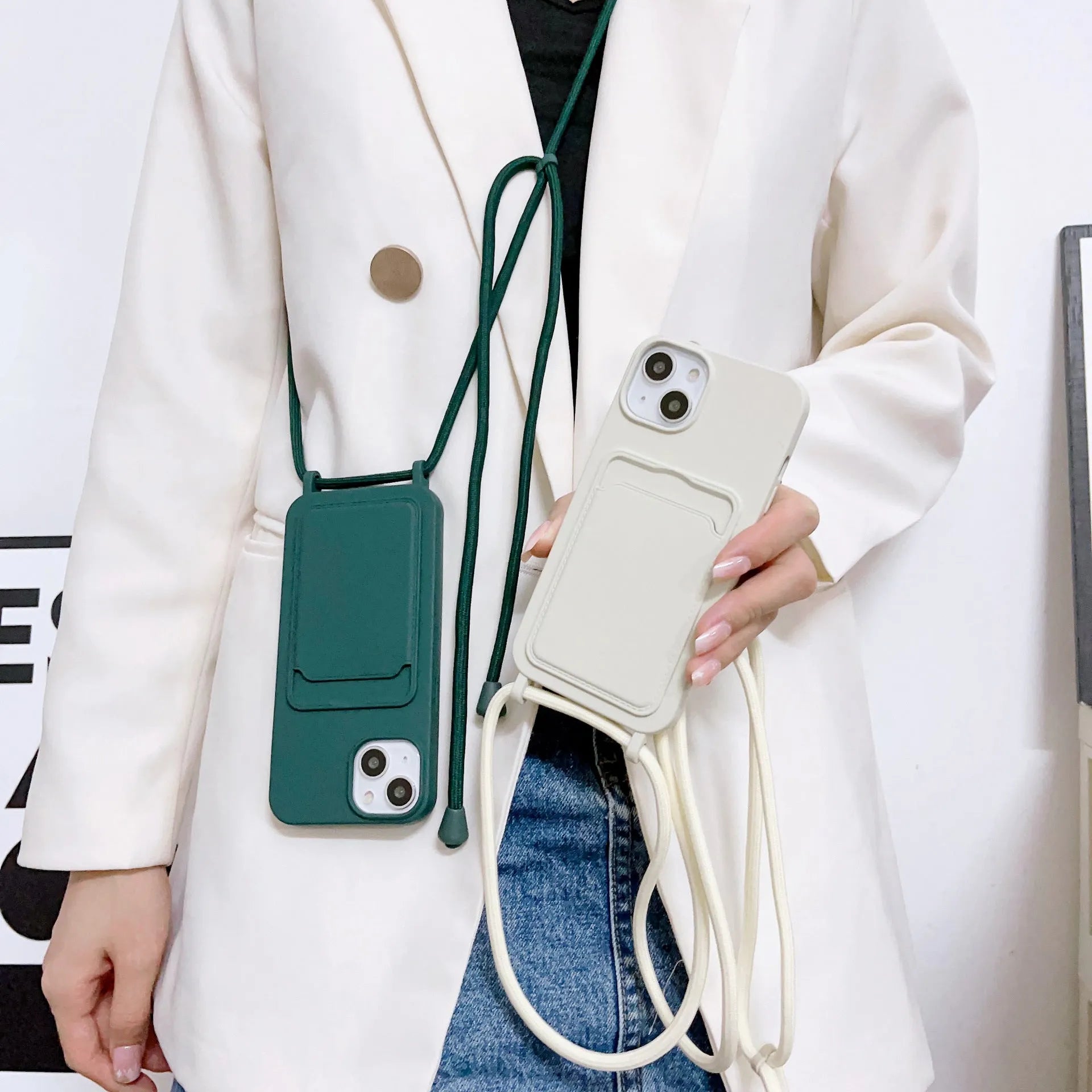 Cross body lanyard TPU phone case with card holder for Apple iPhone models, available in antique white, gray, and light pink