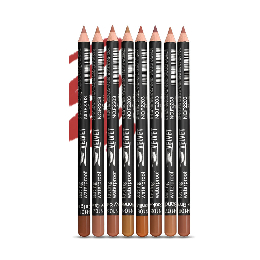 Wooden lip liner pencil showing matte finish with shade numbers 201-214 displayed