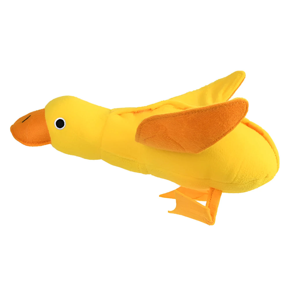 Yellow teddy dog training toy with integrated duck doll and food leak compartments