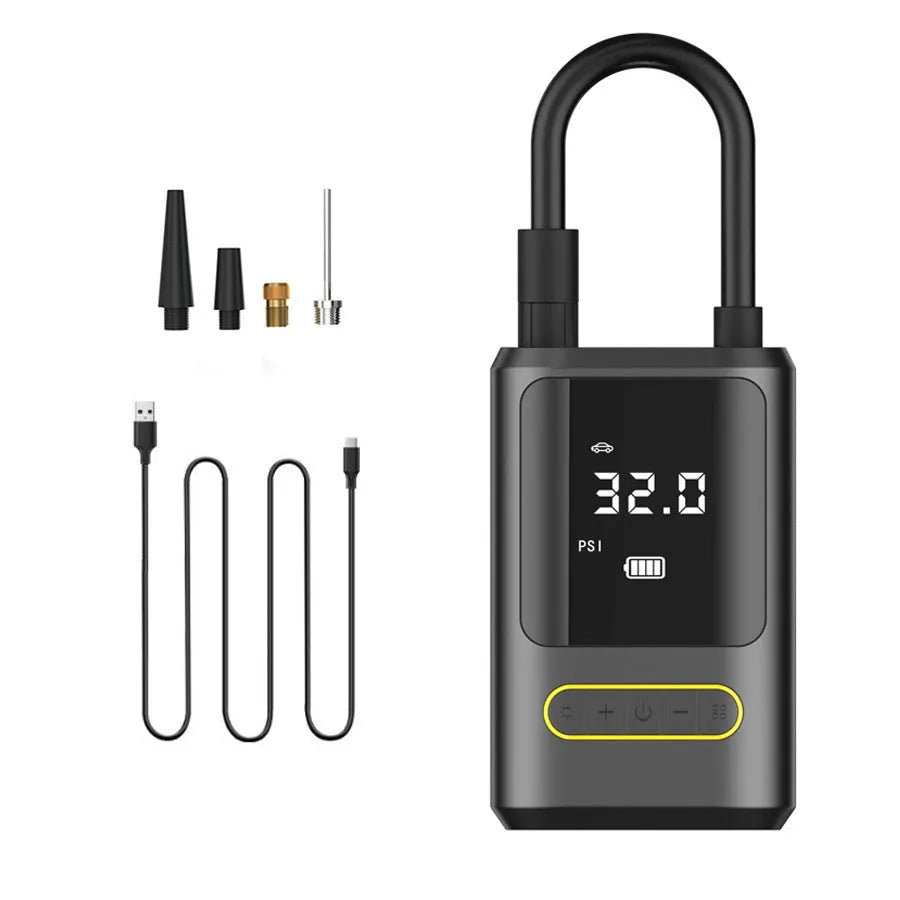 Black handheld digital wireless tyre inflator pump with LED light display on a grey background.