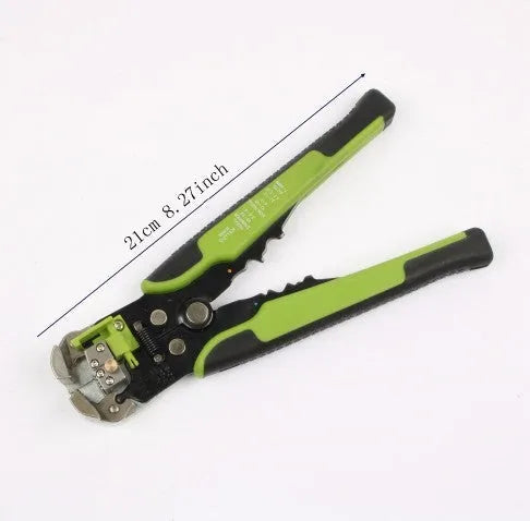 Yellow automatic wire stripper and crimping tool with adjustment screw for 10-24 AWG cables