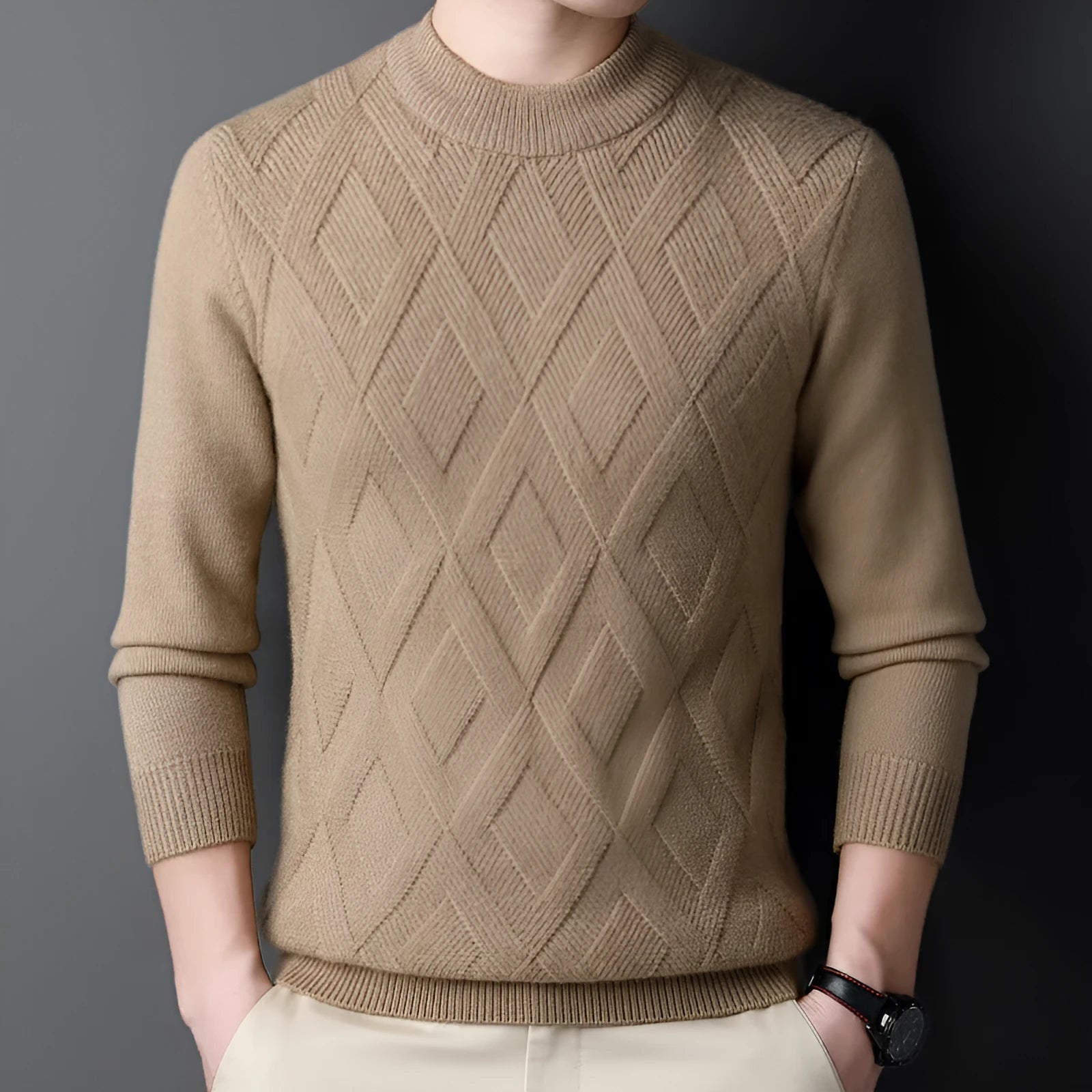 Men's plus size winter thermal pullover sweater with diamond jacquard pattern in light camel colour