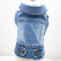 Blue denim dog vest with a retro scratch pattern on a small white dog, showing sizes for Teddy and Bichon breeds.