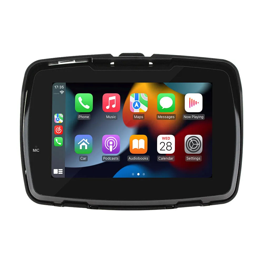 5-inch motorcycle MP5 player with wireless Carplay and reversing image, mounted on vehicle dashboard