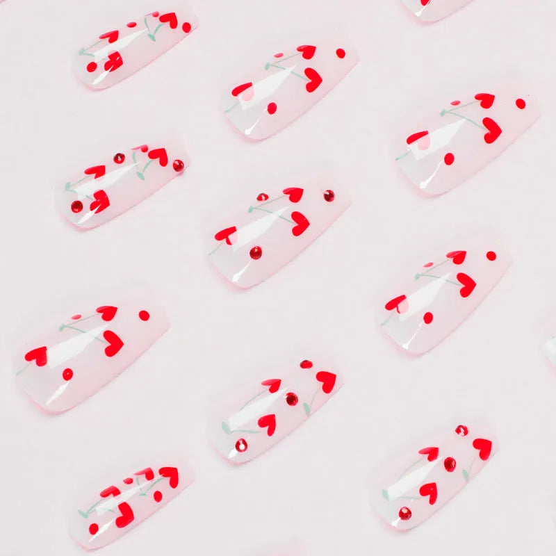 French love red cherry blossom and diamond nail armour patches set with glue, JP1601 style.