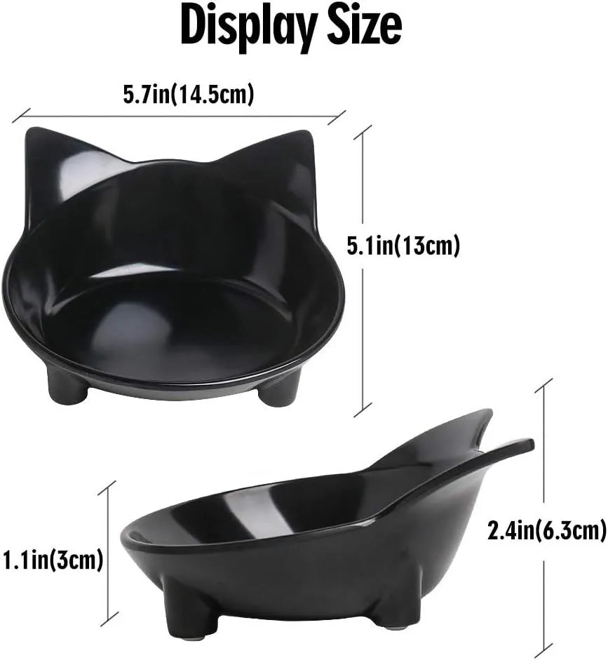 Black shallow melamine pet food bowl with non-slip rubber base on a wooden surface.