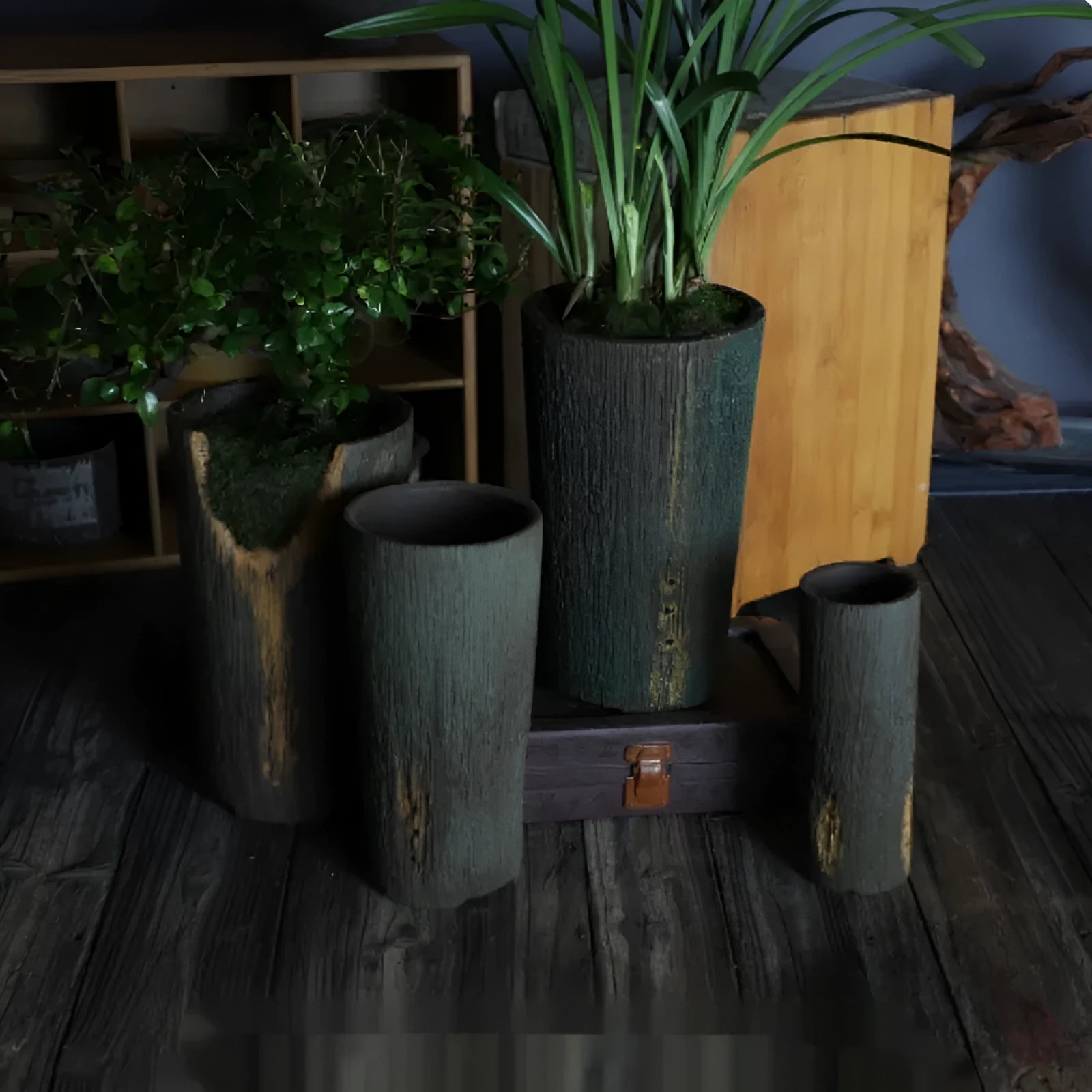 Handmade purple clay withered wood grain straight body signboard orchid basin in green mud finish
