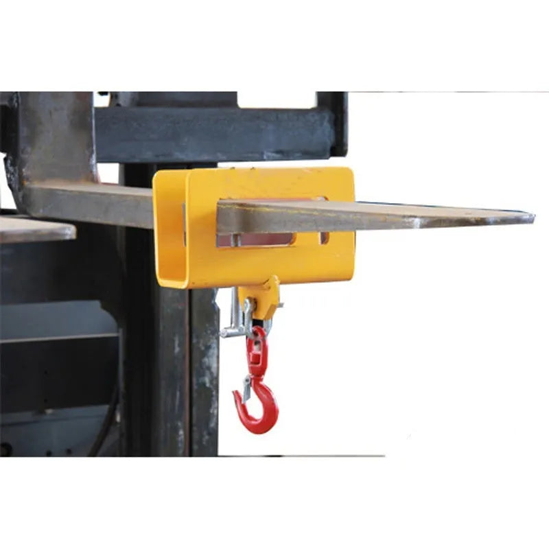 Iron forklift rotating drum hook with safety lock, showing the adjustable fork mounting bracket.