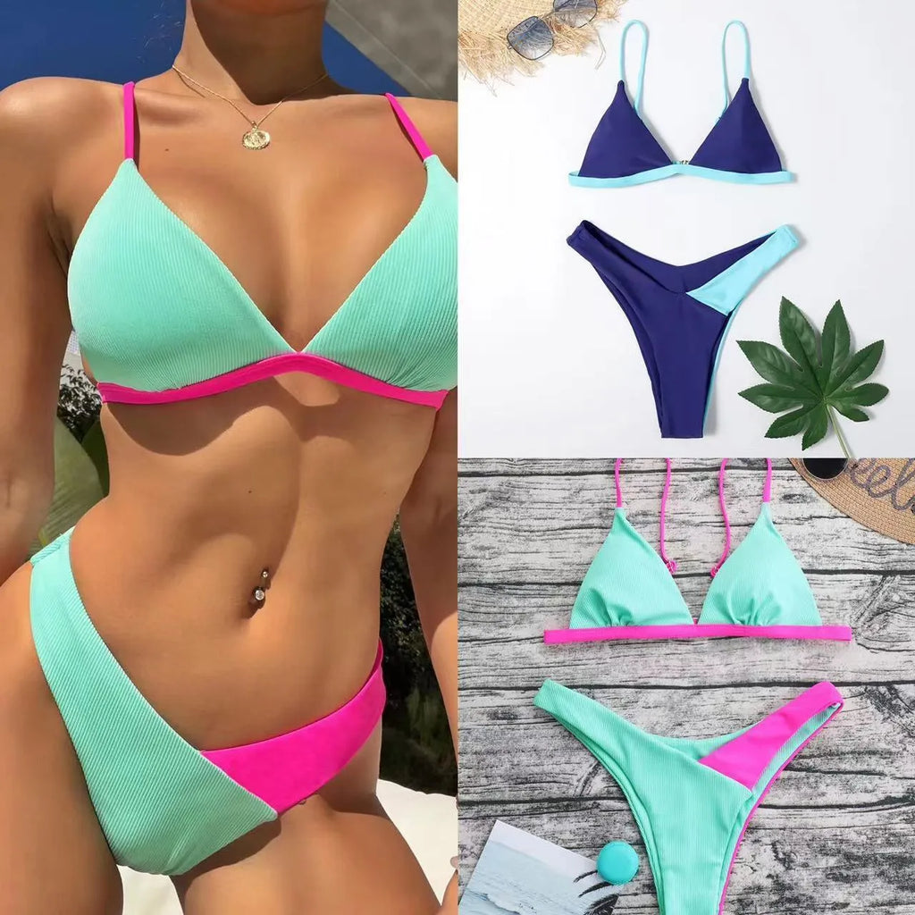 Women's fashion bikini set with bra top and briefs in a colourful pattern.