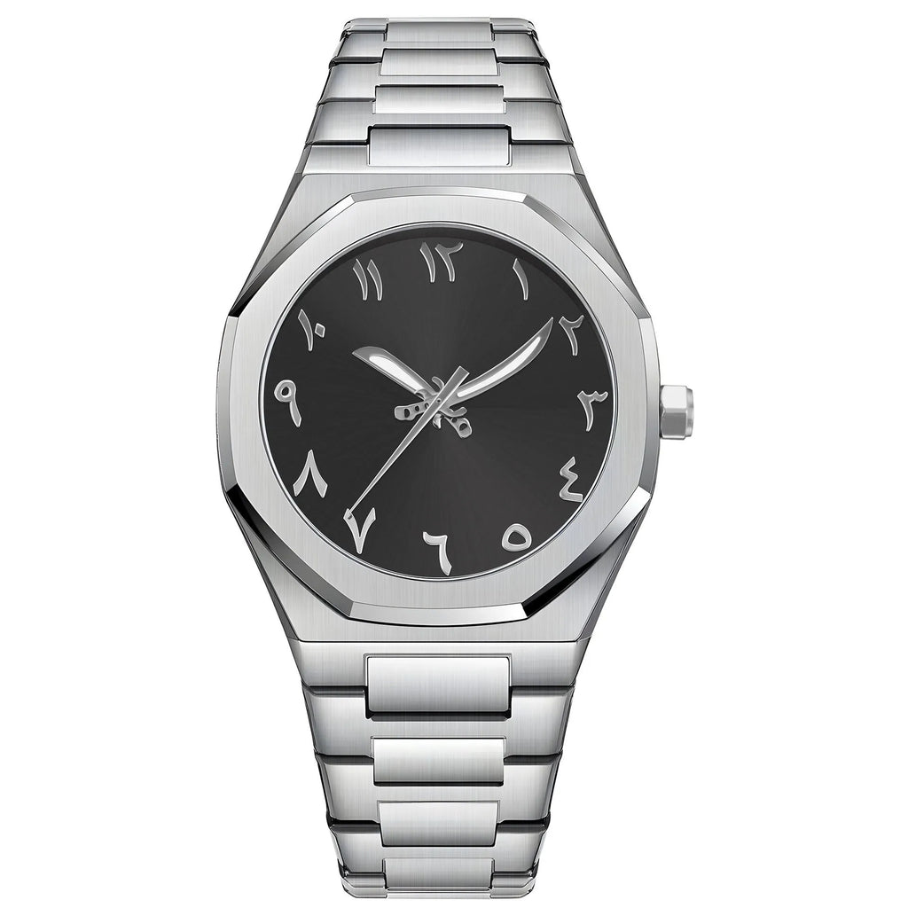 Men's slim business casual watch with steel belt in black, black silver, and silver black colour options.