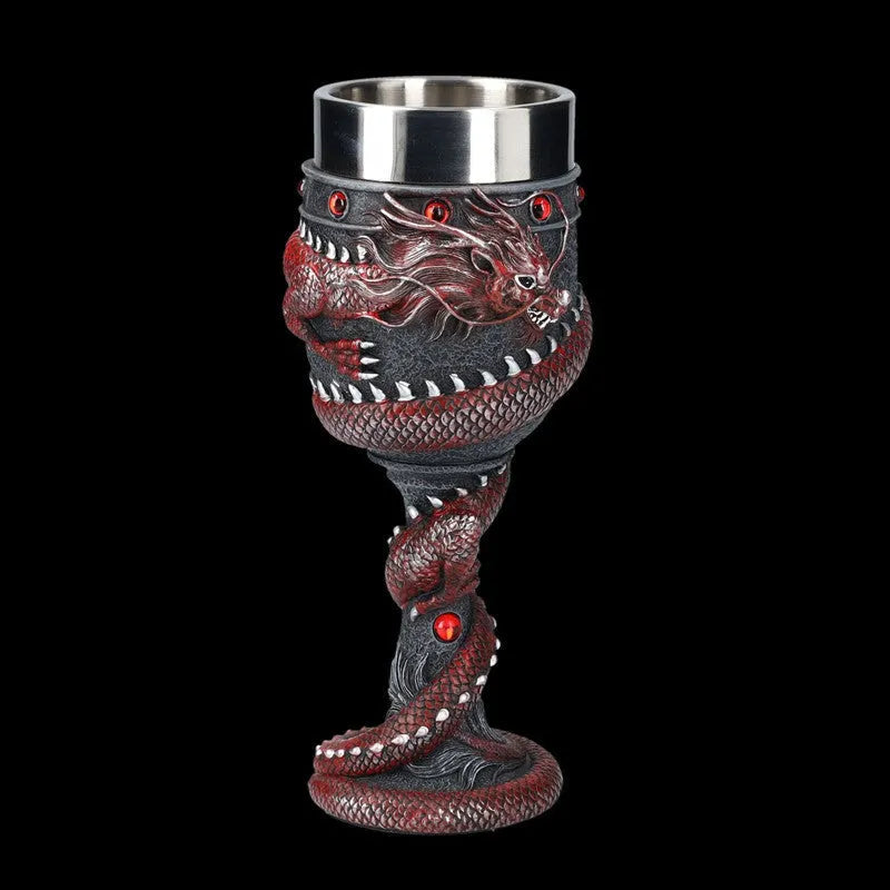Red wine glass with 3D Chinese dragon design and stainless steel stem in gold finish.