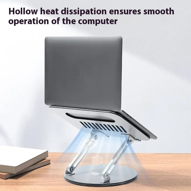 Silver aluminium laptop stand with height adjustment and rotation features