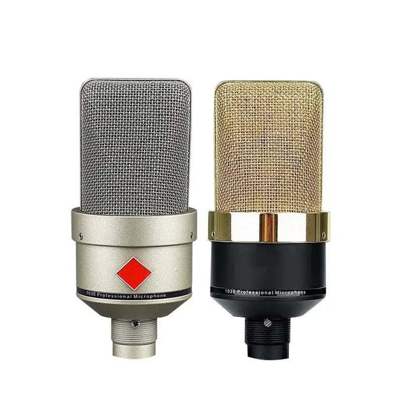 Wired condenser microphone with stand in champagne gold or black gold colour for recording and live singing