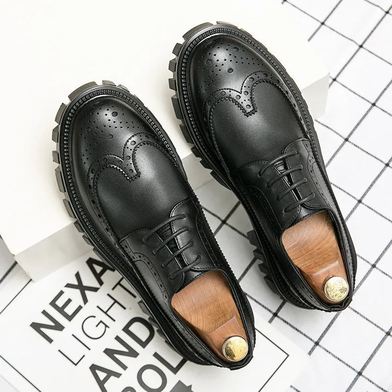 Men's black and brown artificial PU brogue shoes with round toe for business wear