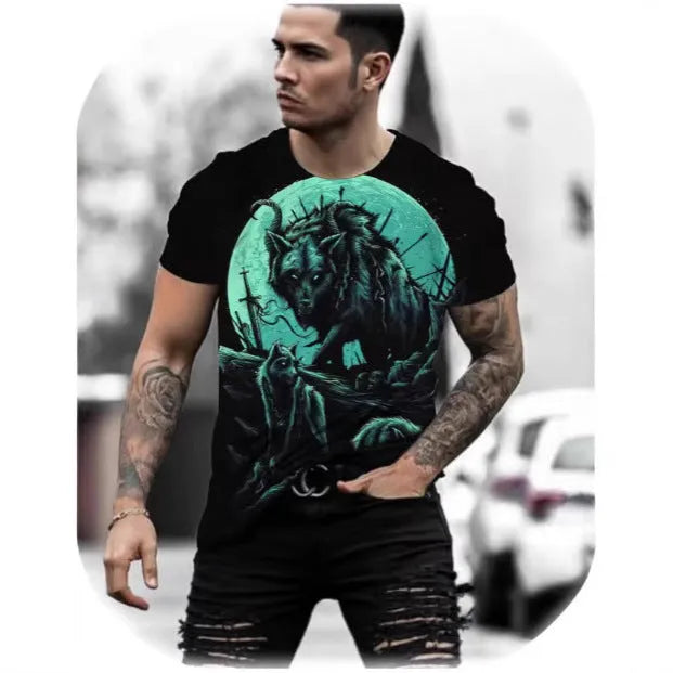 Men's retro 3D animal print short-sleeved T-shirt in lightweight polyester, available in multiple colours
