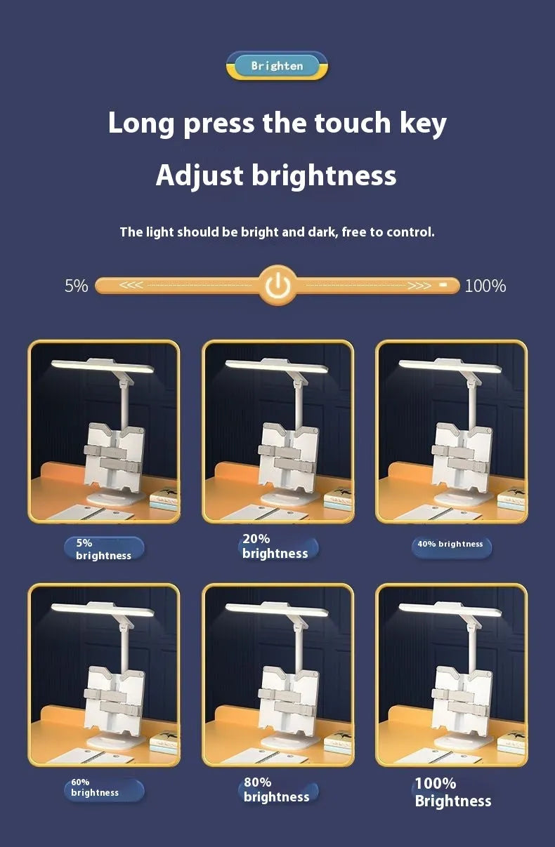Multifunctional adjustable desk lamp with a built-in bookshelf shelf and three-speed colour temperature control.