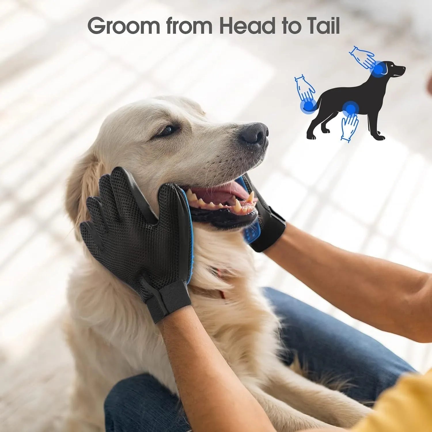 Blue pet grooming gloves with silicone tips for brushing cats and dogs