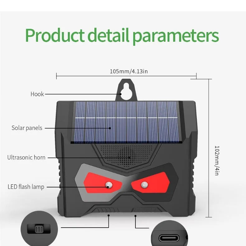 Black solar-powered ultrasonic animal repeller for outdoor gardens with adjustable frequency