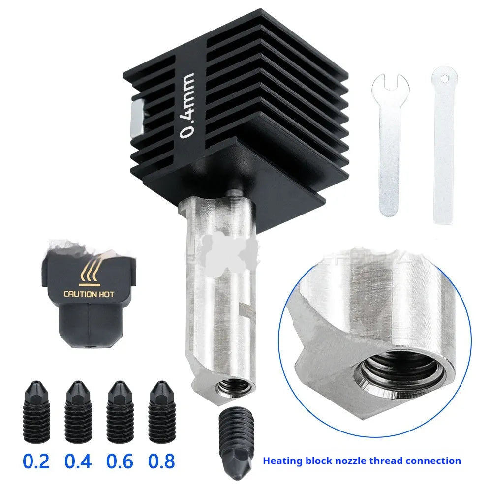 Bambu Lab A1 Mini hardened steel hot end assembly with multiple nozzle sizes and black silicone sleeve