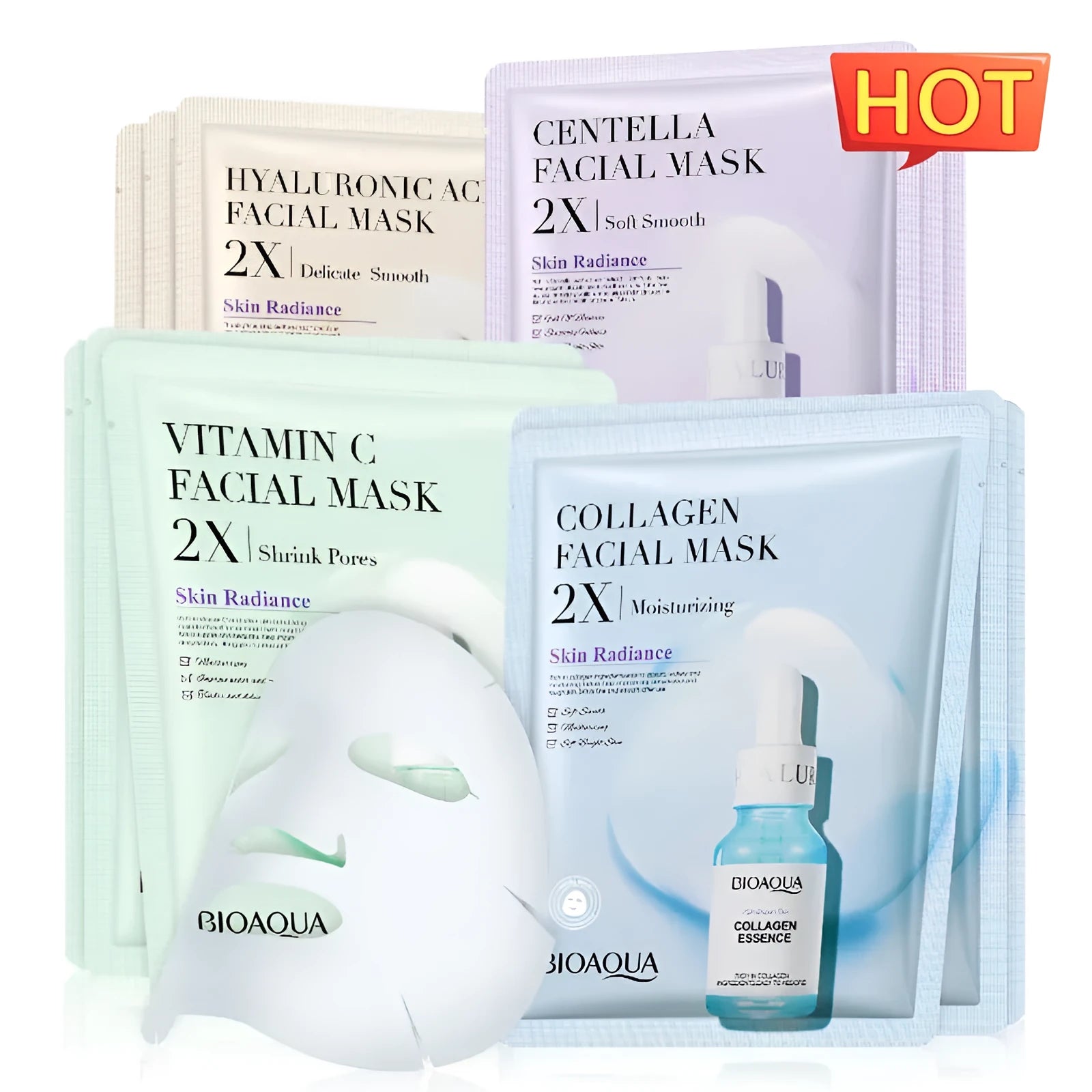 Single-use collagen and hyaluronic acid facial sheet mask with 30g gel serum.