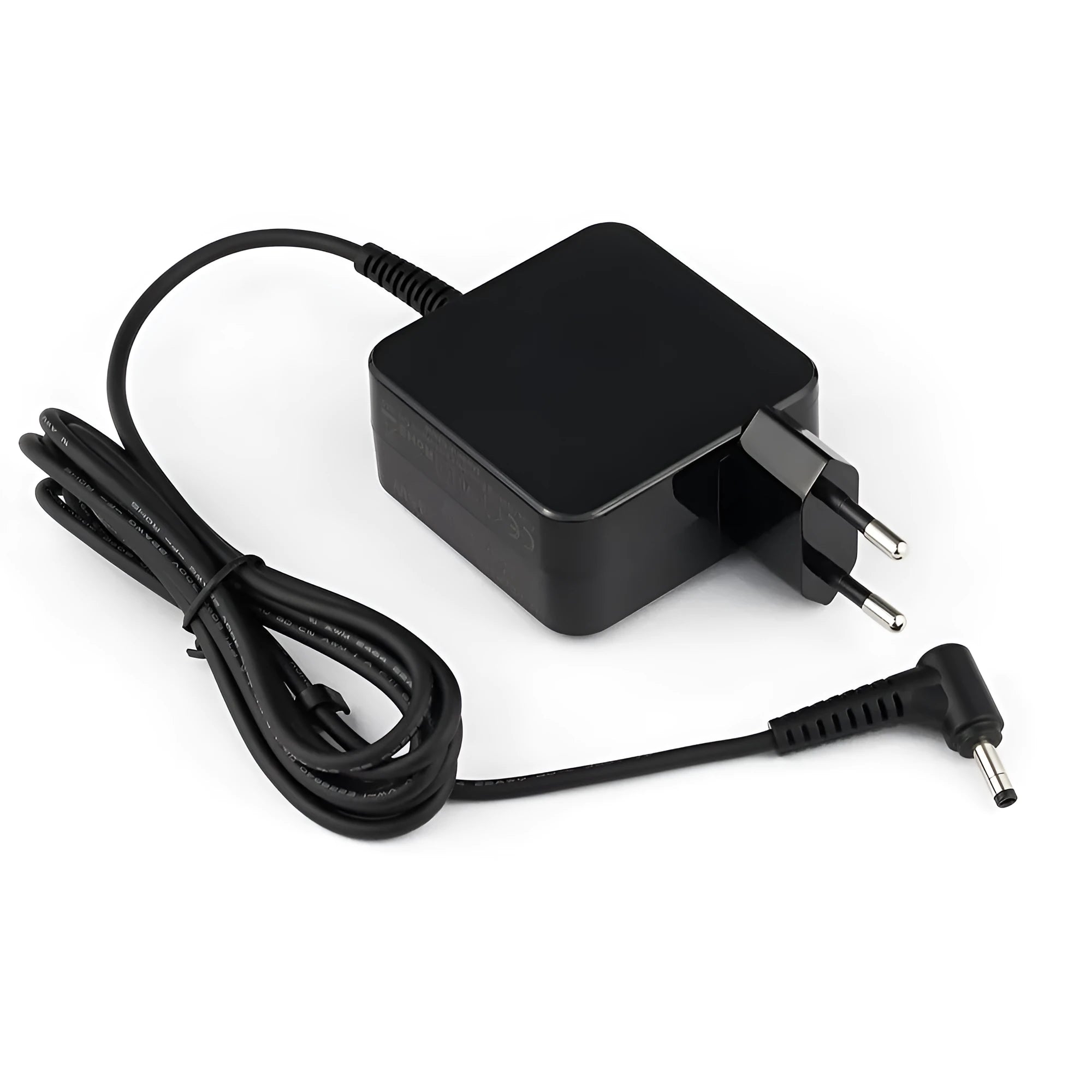 Black 45W laptop power adapter with US and EU plug options, showing compact size