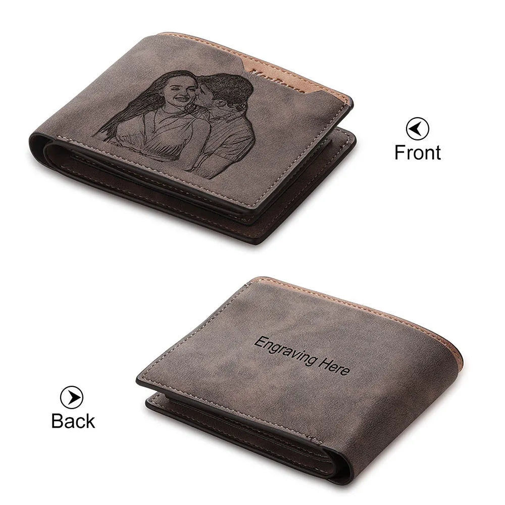 Engraved coffee coloured PU horizontal short wallet with custom lettering, shown with dimensions 120mm by 99mm.
