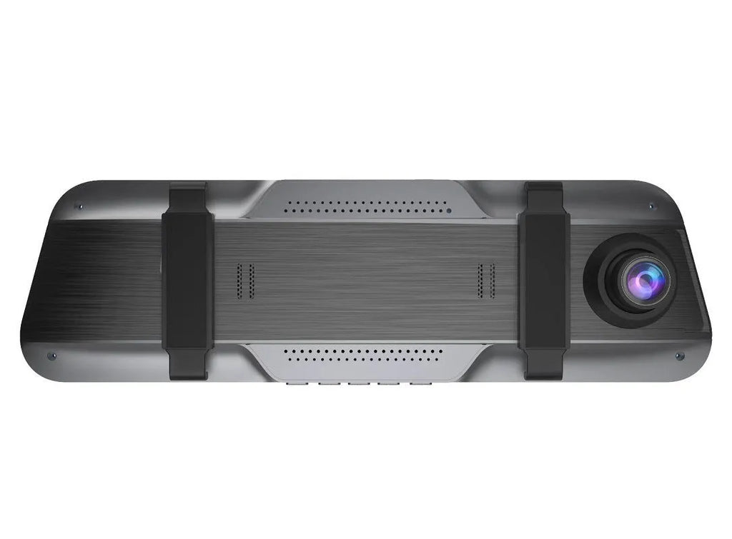Black driving recorder rearview mirror with 10-inch touch screen displaying road footage