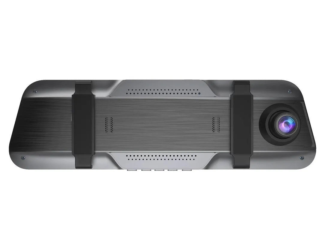 Black driving recorder rearview mirror with 10-inch touch screen displaying road footage